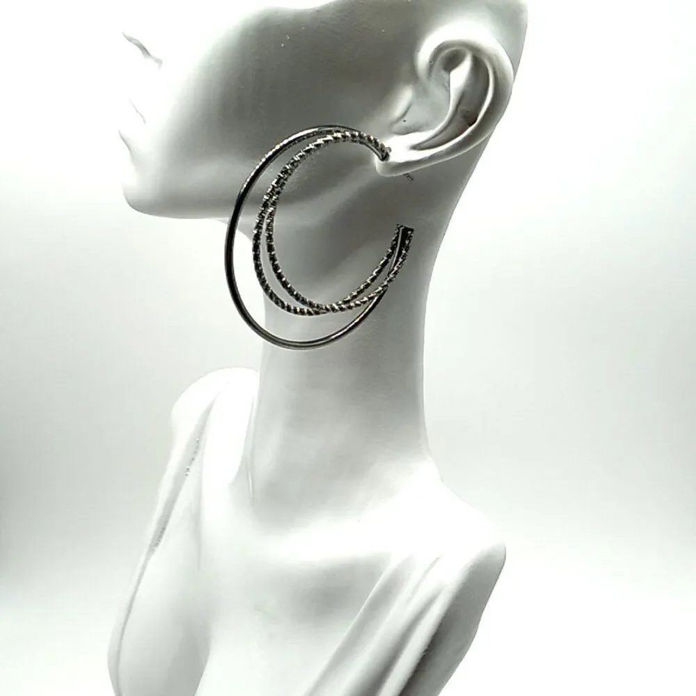 Large Multi-Wire Hoop Post Earrings Black Smooth & Diamond Cut 1.25